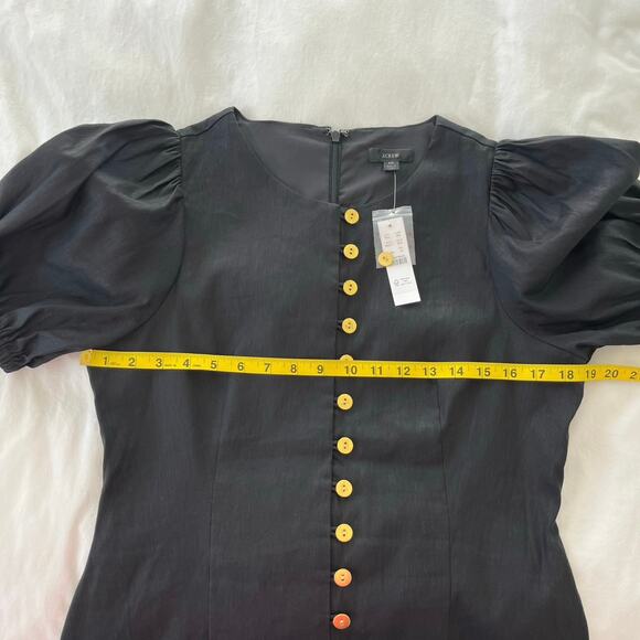 J. Crew NWT Stretch Viscose Linen Blend Gold Button Front Puff Sleeve Mini Dress - Picture 6 of 12
